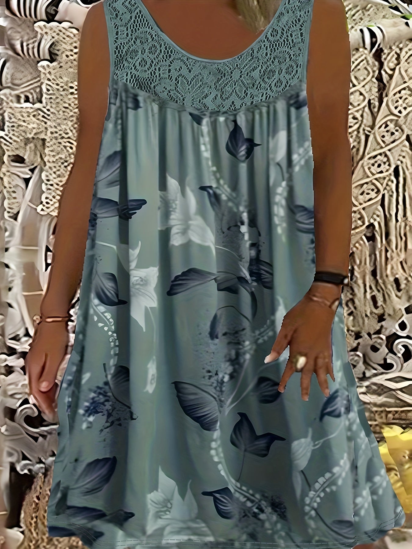  Casual Tank Dress Women's Plus Leaf Print Contrast Lace Round Neck