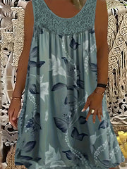  Casual Tank Dress Women's Plus Leaf Print Contrast Lace Round Neck