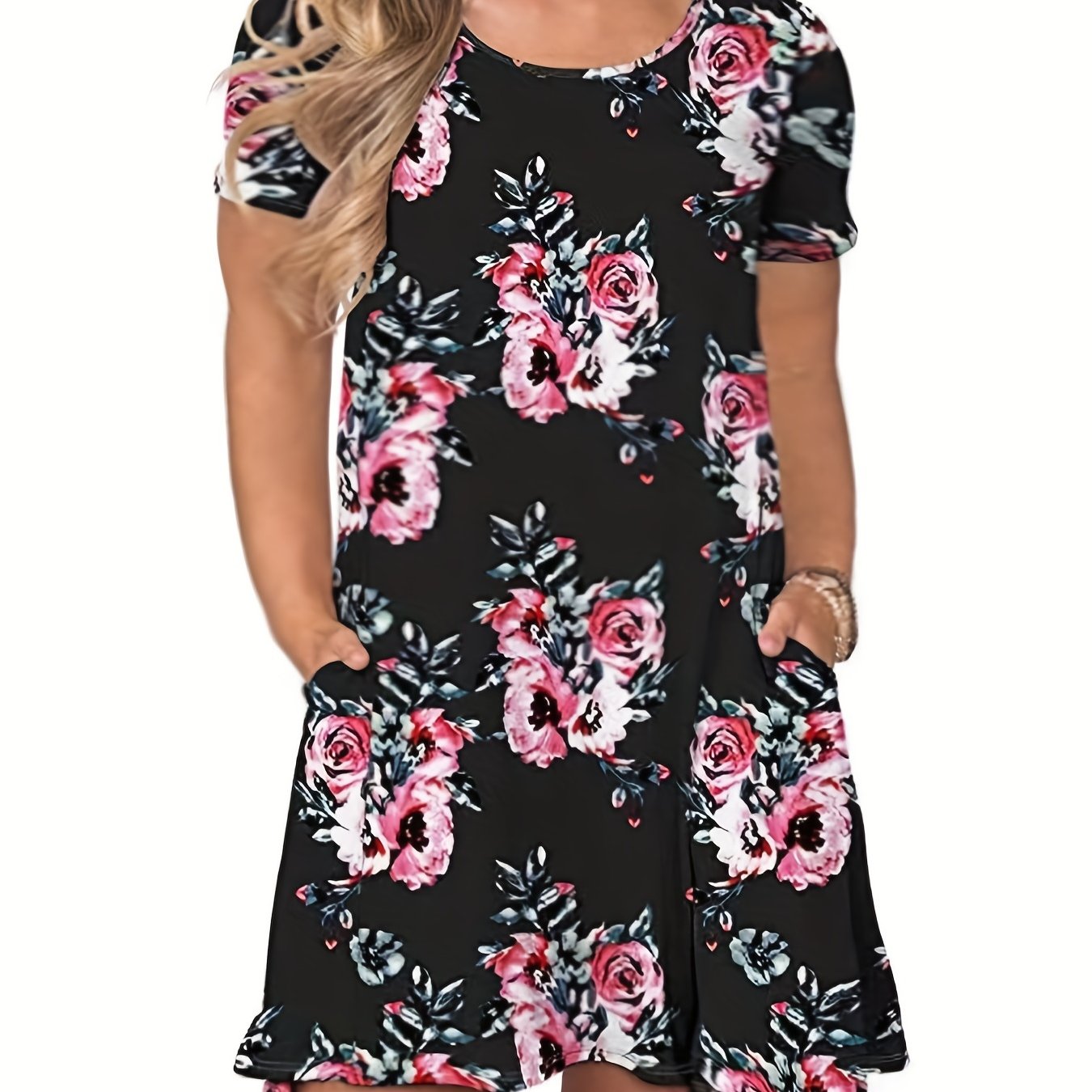  Women's Rose Print Short Sleeve Midi Dress With Pockets