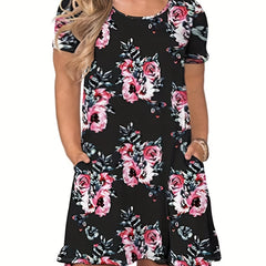  Women's Rose Print Short Sleeve Midi Dress With Pockets