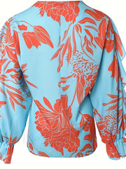  Floral Print Ruffle Sleeve V Neck Blouse