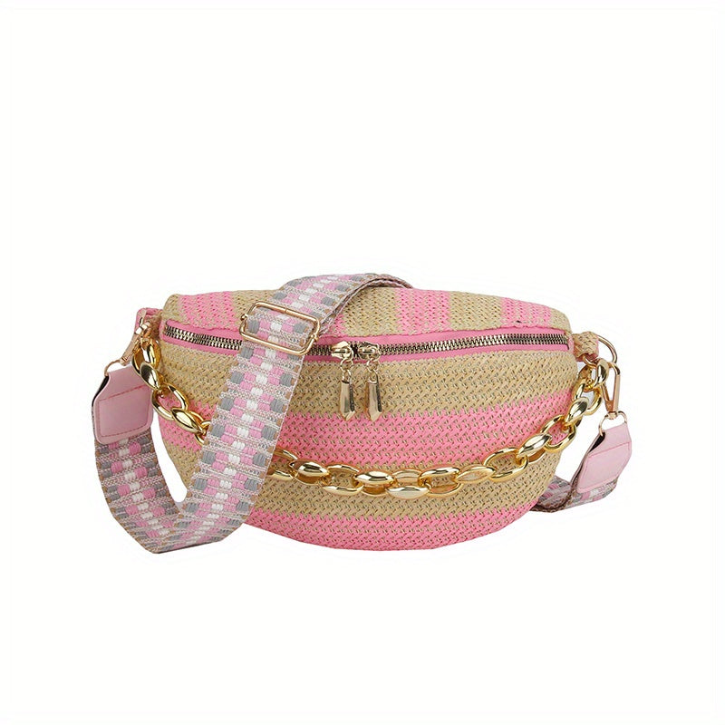 Straw Woven Waist Bag Boho Style Crossbody Bag Colorblock Stripes Chest Purses
