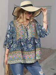  Floral Print Peplum Top Three Quarter Sleeve Blouse