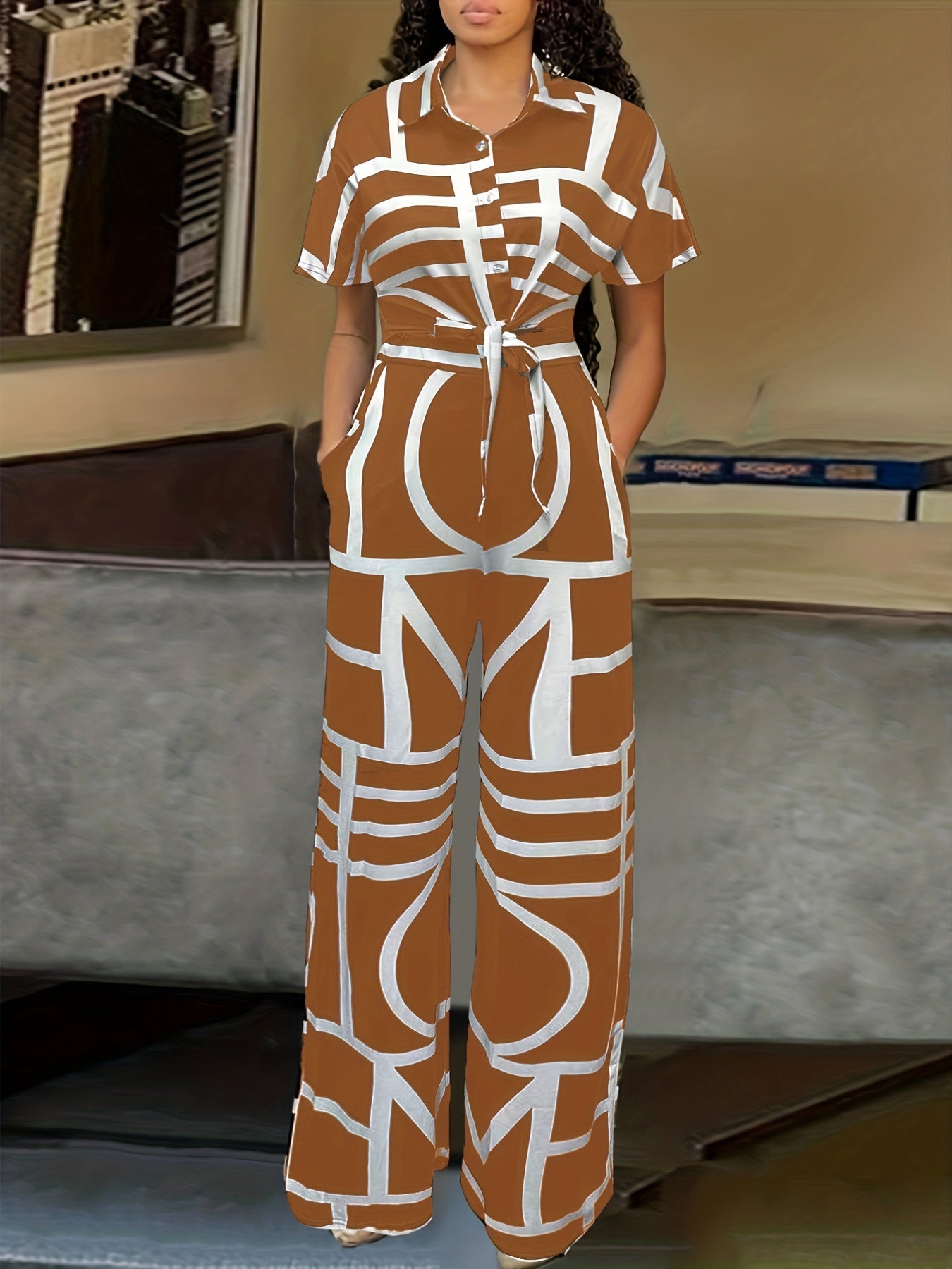 Geo Print 2pc Set Crop Shirt & Wide Leg Pants Outfit