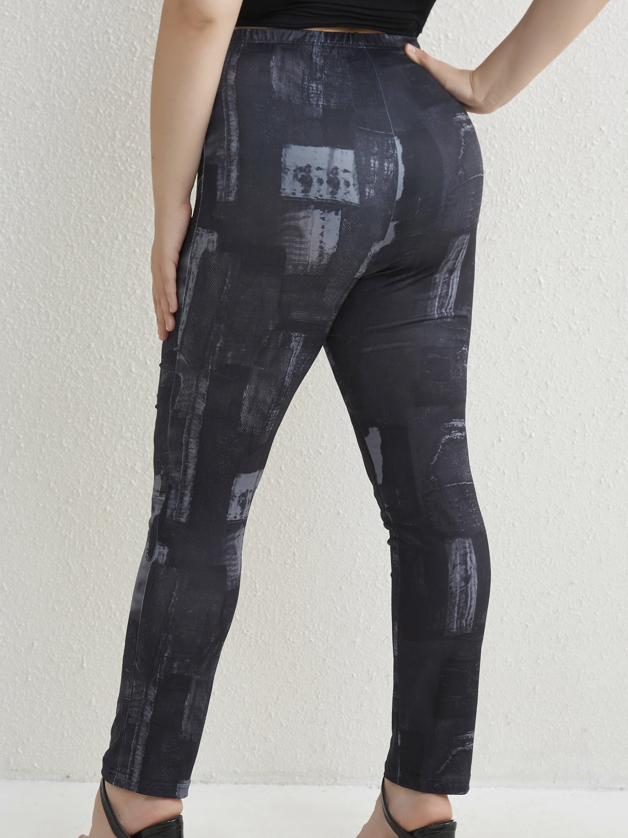  Colorblock Denim Print Stretch Leggings