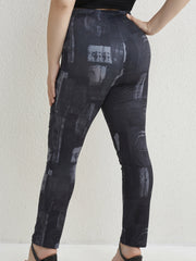  Colorblock Denim Print Stretch Leggings