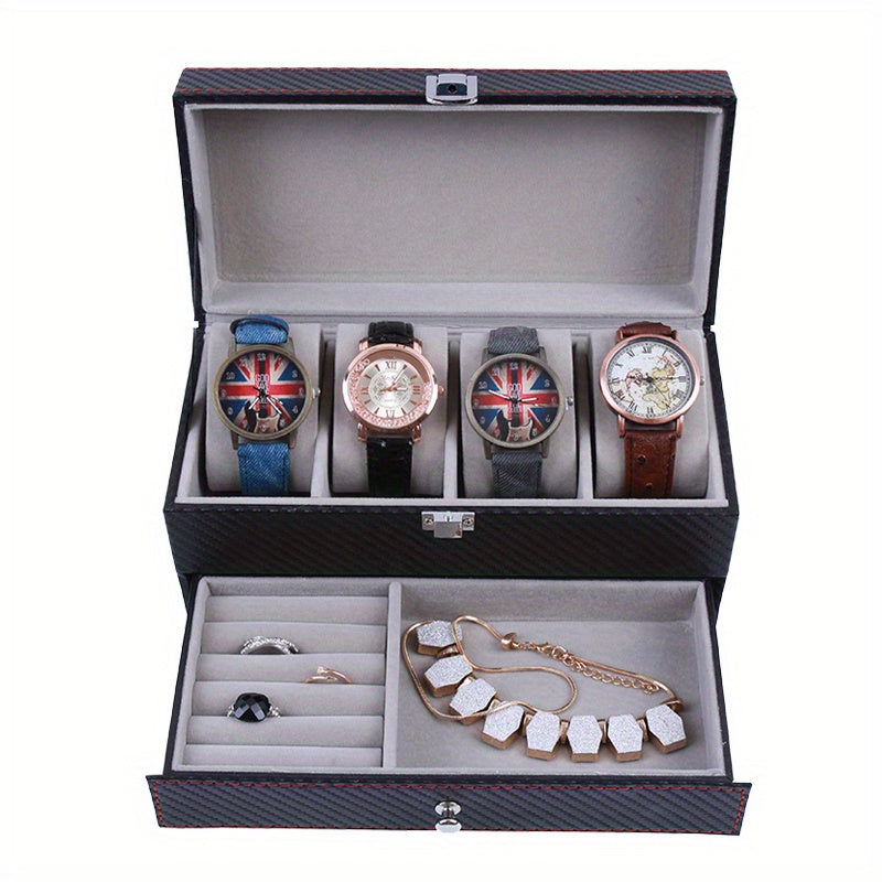 Men's 4 Slot Watch Display Box with Carbon Fiber Stand