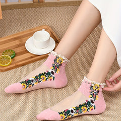 Faux Pearl Lace Trim Ankle Socks Soft Women's Stockings