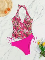 Tropical Print Tankini Set Drawstring Tie Swimsuit