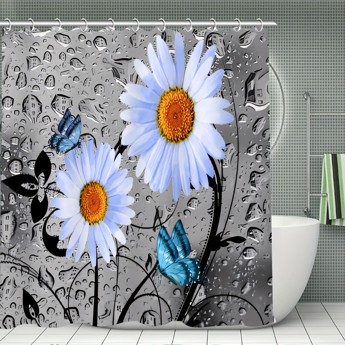Non Slip Bathroom Rugs & Shower Curtain Set with Flower & Butterfly Pattern