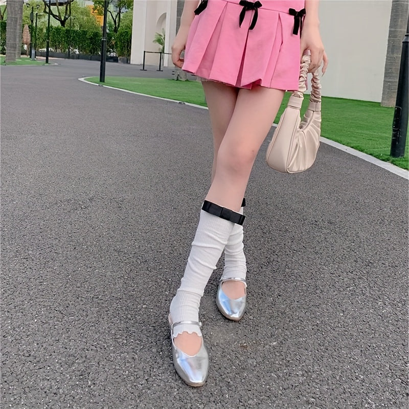 Bow Rib Knit Leg Warmers Knee High Socks Women's Stockings