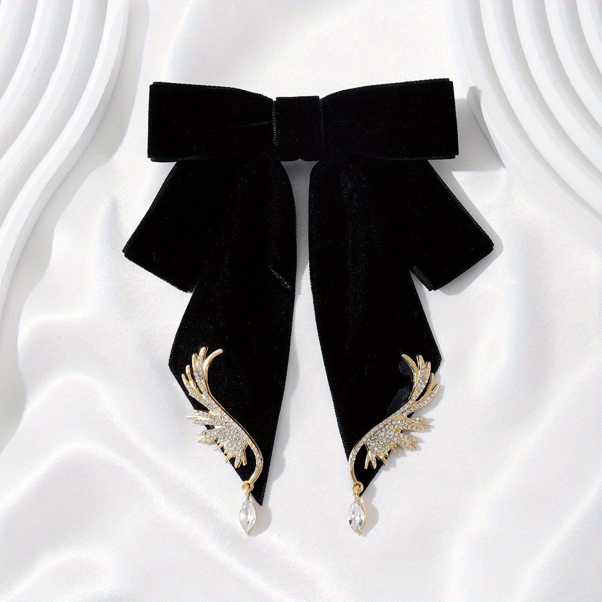 Velvet Bowknot Brooch Pin Rhinestone Wings Shirt Collar Pin