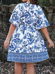  Women's Floral Print Surplice Neck Mini Dress