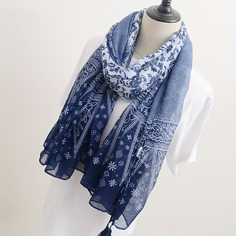 Navy Floral Print Scarf Tassel Shawl Boho Windproof Head Wrap Sunscreen
