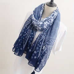 Navy Floral Print Scarf Tassel Shawl Boho Windproof Head Wrap Sunscreen