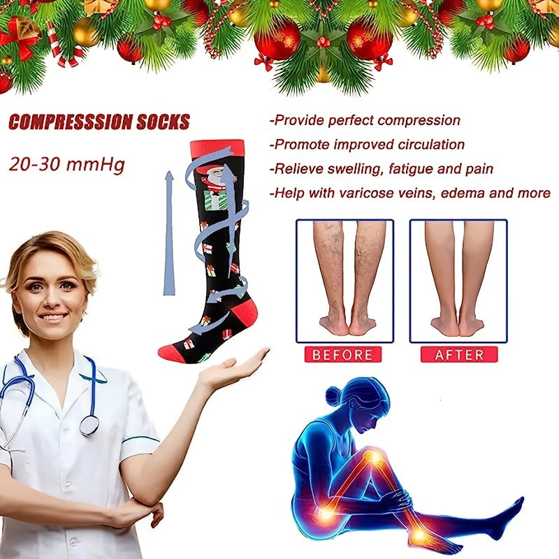 1pair Christmas Element Compression Stockings for Outdoor Activities