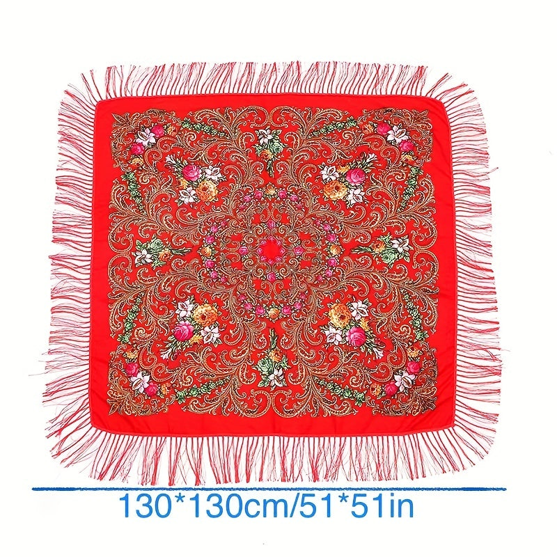Flower Print Tassel Shawl Boho Square Scarf Vintage Warm Wrap