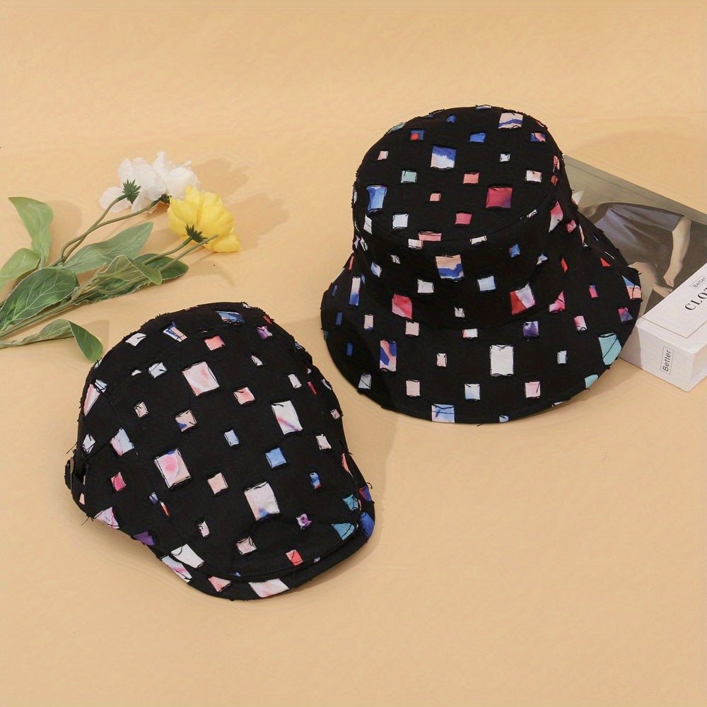 2pcs Plaid Distressed Bucket Hat & Newsboy Cap, Casual Adjustable Basin Hats