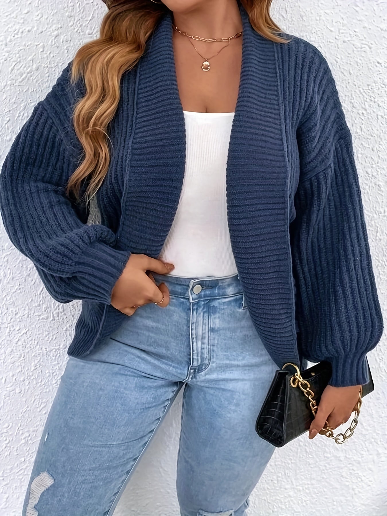  Solid Ribbed Lantern Sleeve Cardigan
