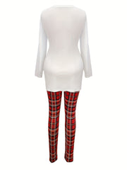  Plaid Heart & Letter Print Top & Leggings Set