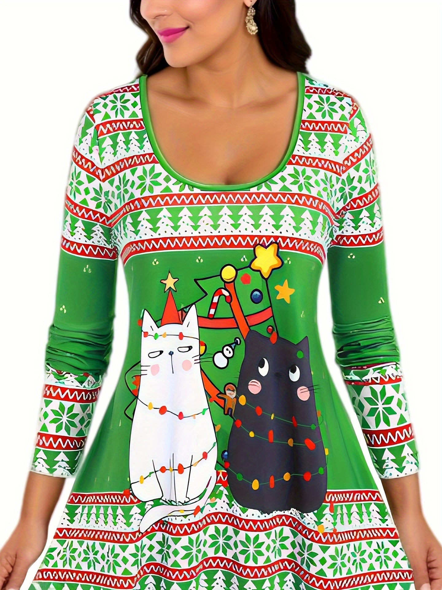  Christmas Outfits Set Women's Plus Christmas Tree & Cat Print