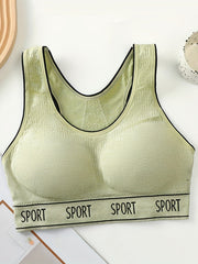  Casual Sports Bra Women's Plus Letter Tape Solid Round Neck
