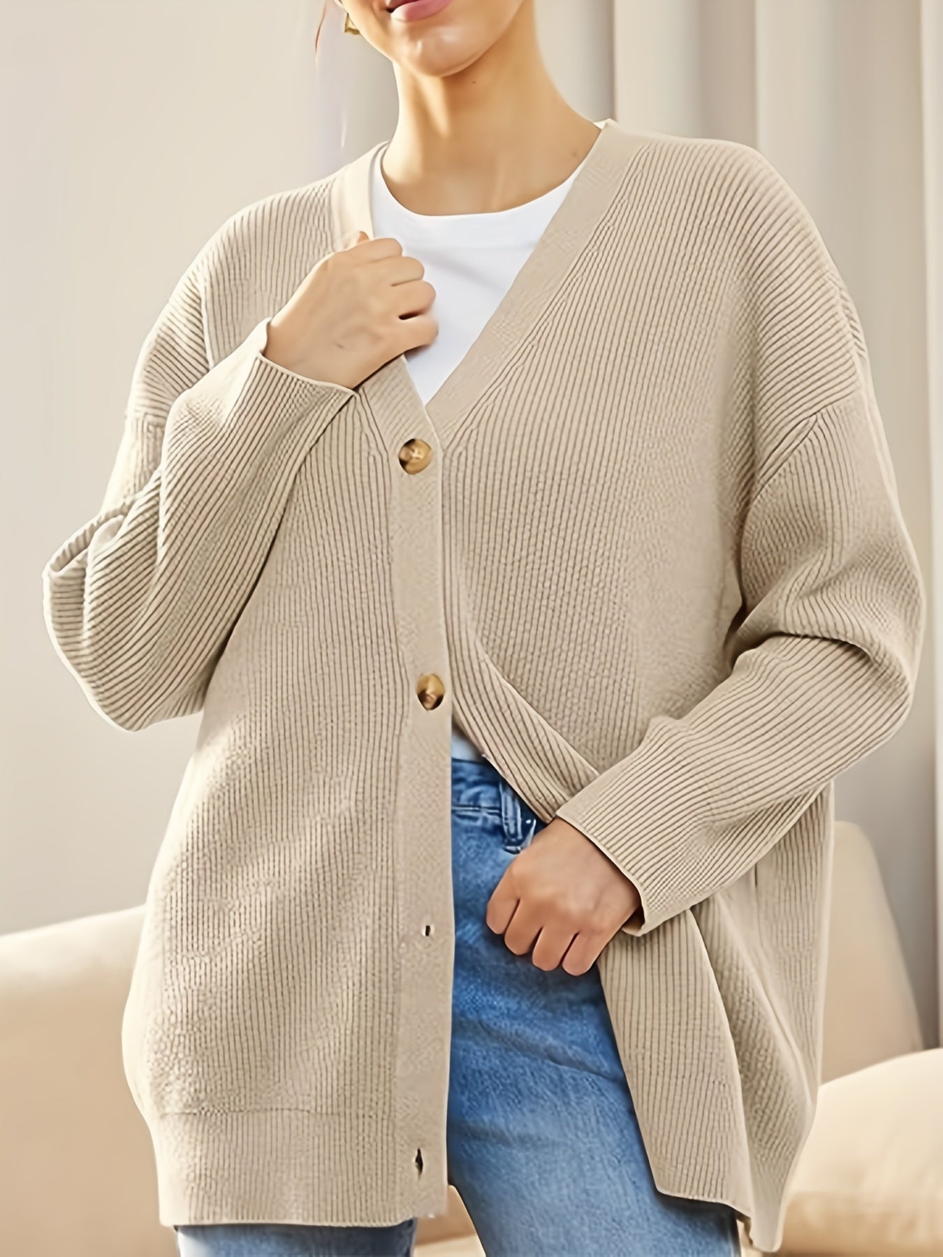  Solid Ribbed Button-Up Cardigan