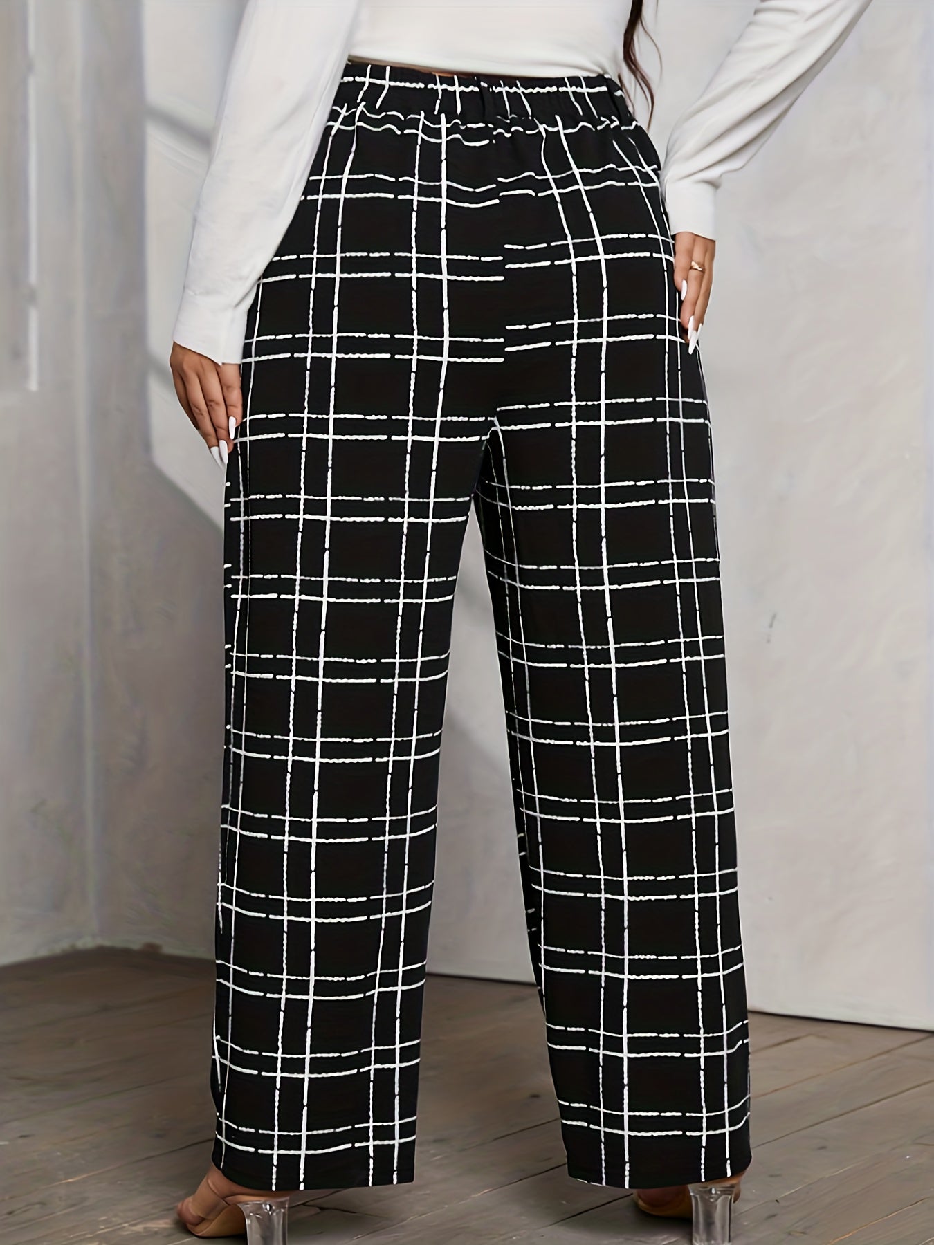  Grid Print Wide Leg Suit Pants