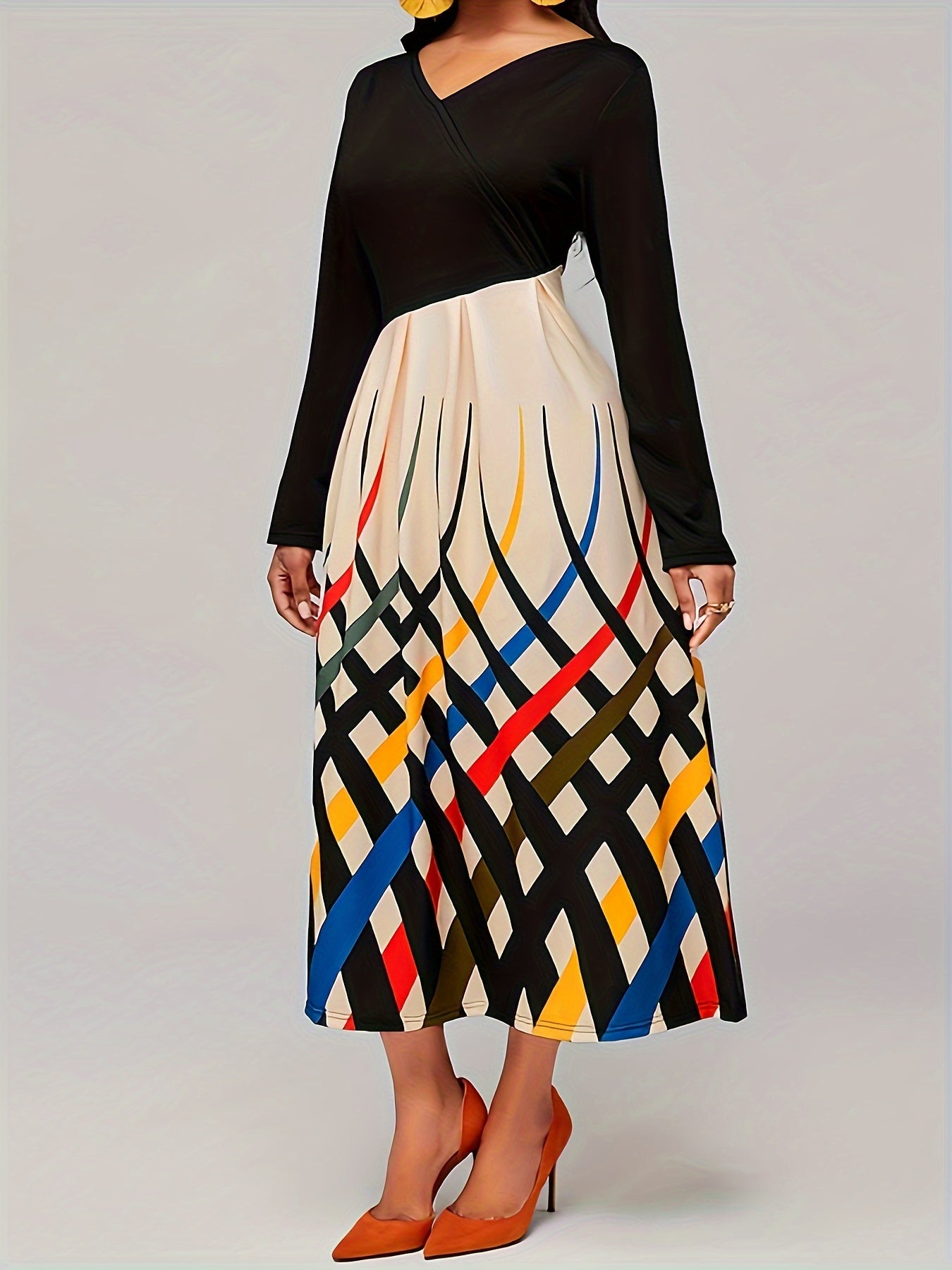  Colorblock Stripe Long Sleeve V Neck Dress