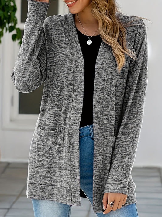  Heathered Long Sleeve Open Front Cardigan With Pockets