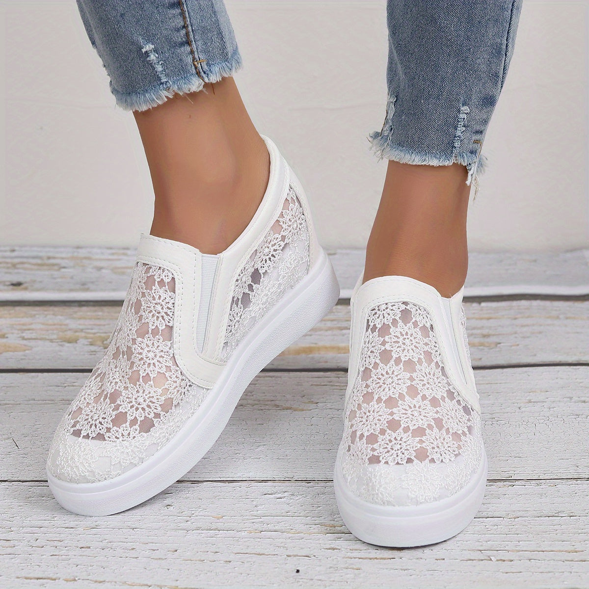 Women's Floral Mesh Sneakers Closed Toe Slip On Height Increasing Wedge Shoes