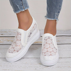 Women's Floral Mesh Sneakers Closed Toe Slip On Height Increasing Wedge Shoes