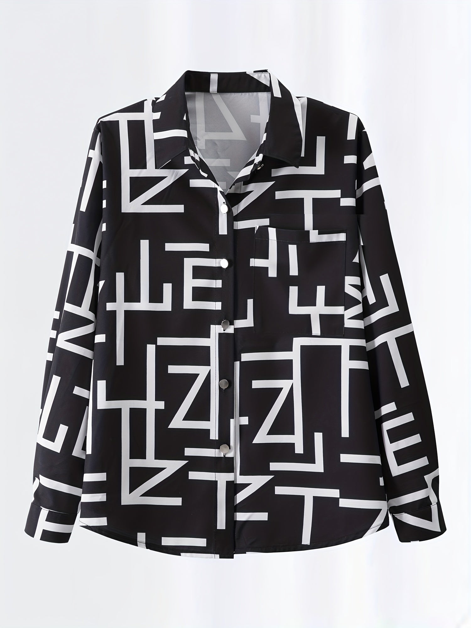  Letter Print Button Up Collar Blouse