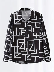  Letter Print Button Up Collar Blouse