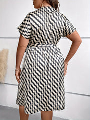  Stripe Print Short Sleeve Surplice Neck Knot Midi Dress