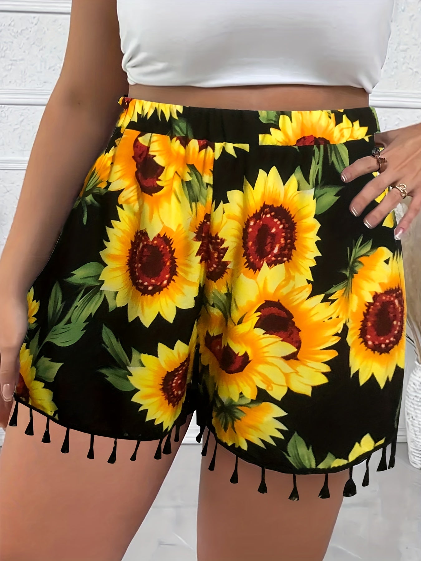 Sunflower Print Fringe Trim Wide Leg Shorts
