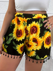  Sunflower Print Fringe Trim Wide Leg Shorts