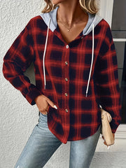  Plaid Print Drawstring Hooded Button Up Shacket