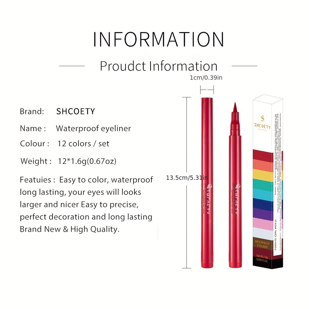 Long Lasting Waterproof Eyeliner Pen 12 Colors Smudge Proof Sweat Proof