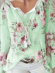  Floral Lace Sleeve Tie Neck Tunic Top