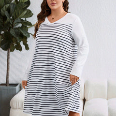  Women's Stripe Print V Neck Long Sleeve Tee Dress