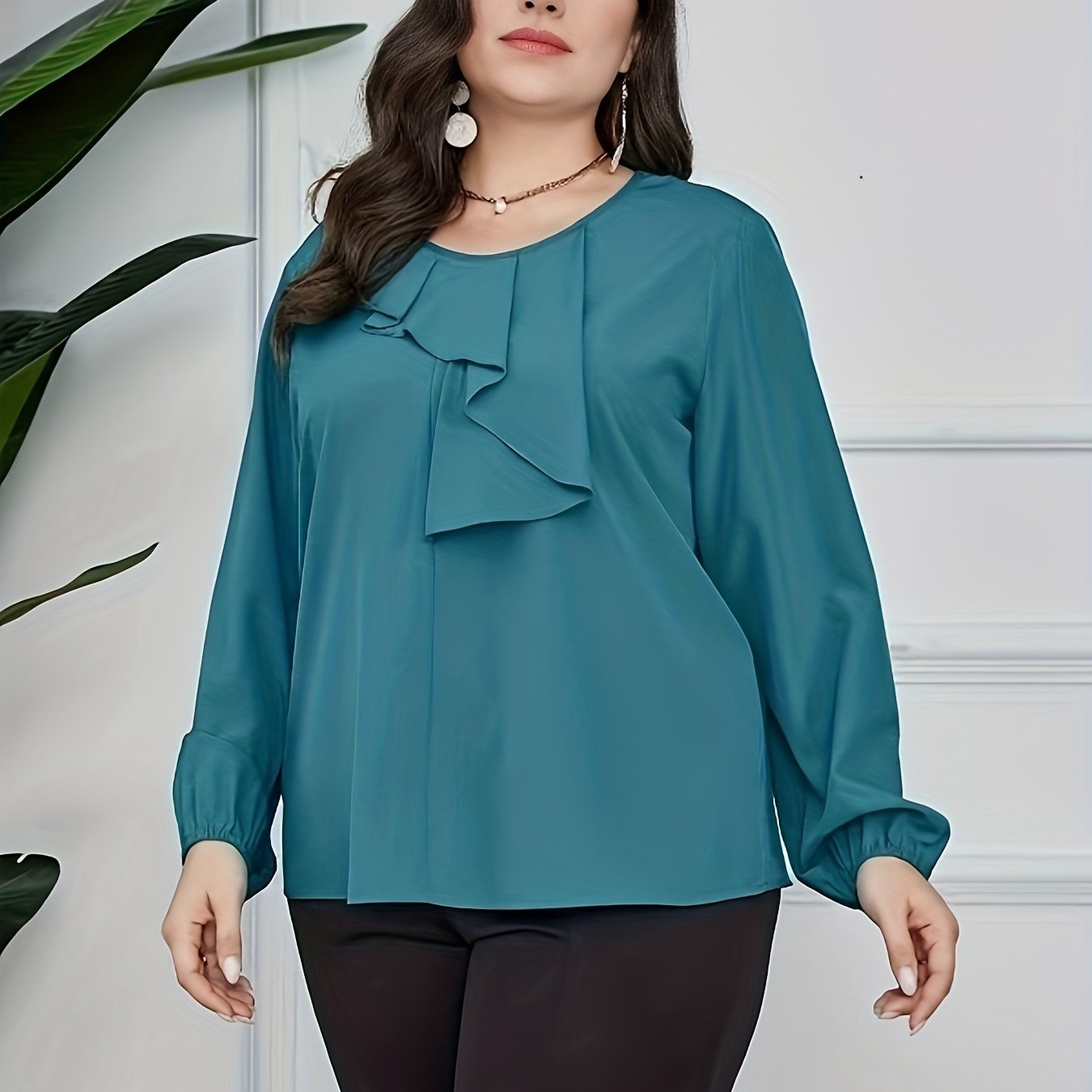  Ruffle Trim Lantern Sleeve Blouse