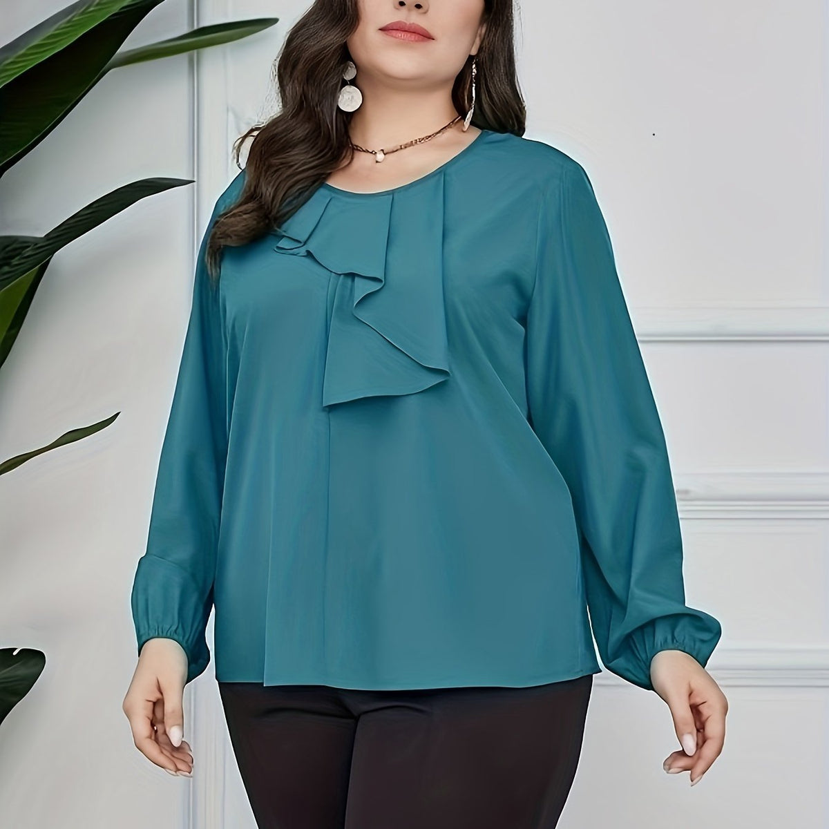  Ruffle Trim Lantern Sleeve Blouse