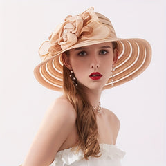 Striped Sun Hat Lace Flower Decor Organza Travel Beach Hats