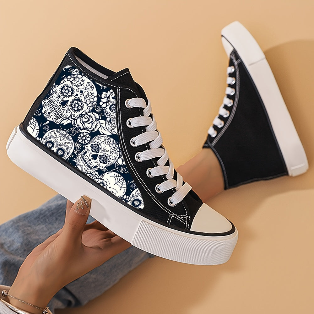 Skull Print High Top Canvas Sneakers