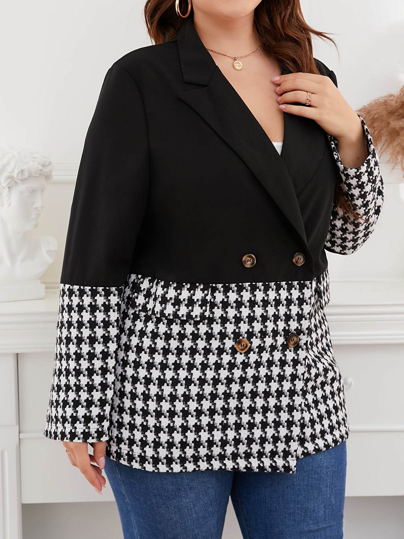  Houndstooth Lapel Collar Blazer Women's Plus Business Casual Blazer