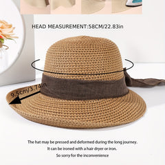 Vintage Sun Hat Bowknot Crochet Straw Hat Foldable Fedora Cap