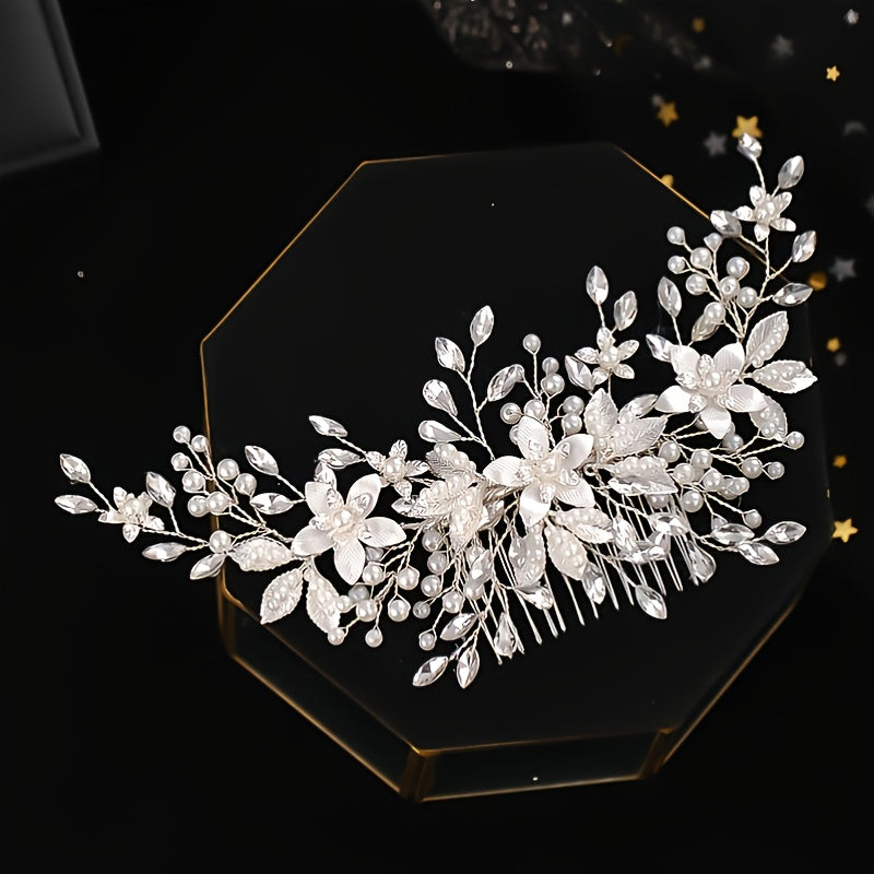 Crystal Silver Pearl Bridal Comb Floral Wedding Rhinestone Pearl Comb