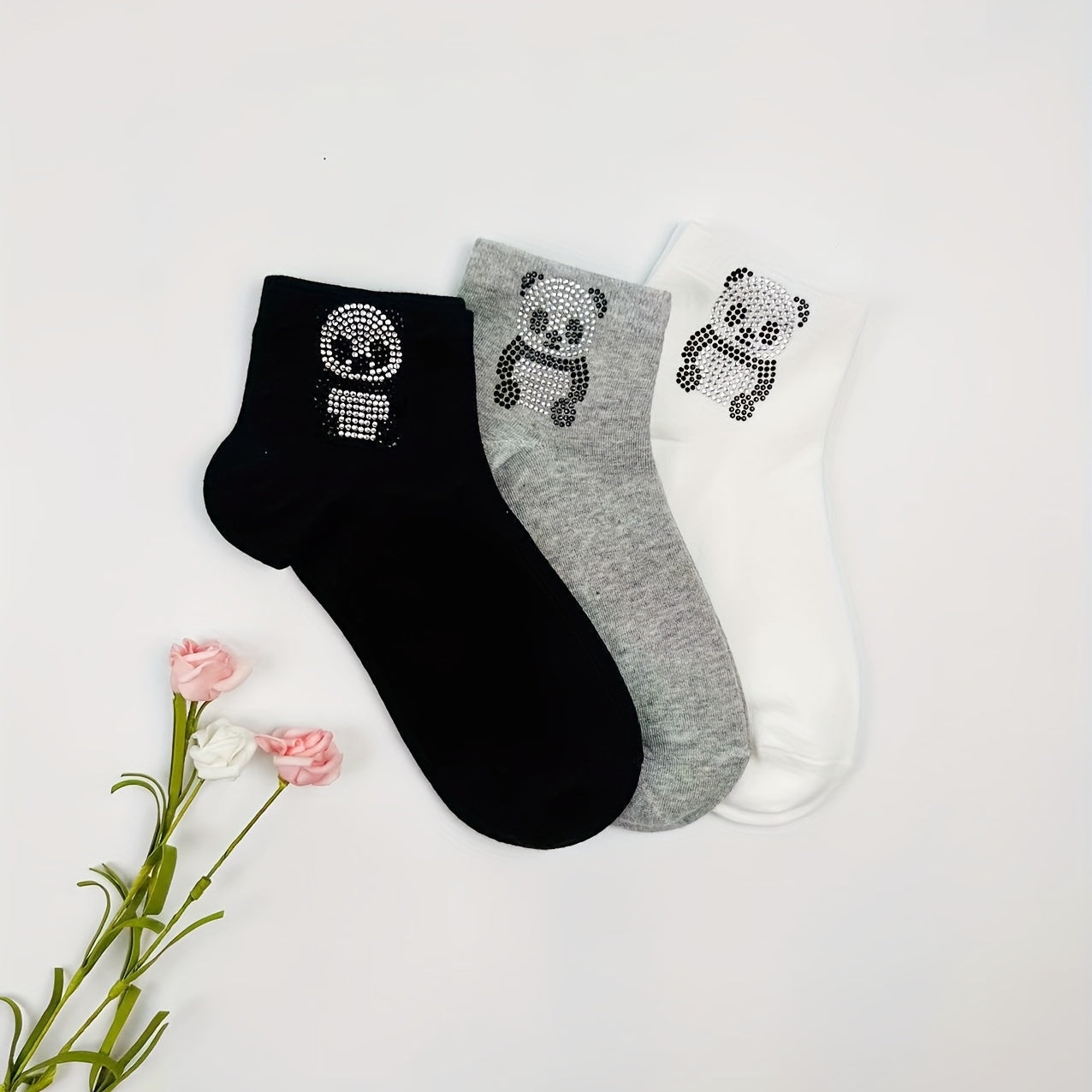 Panda Rhinestone Socks Comfy Crew Short Socks Women's Stockings