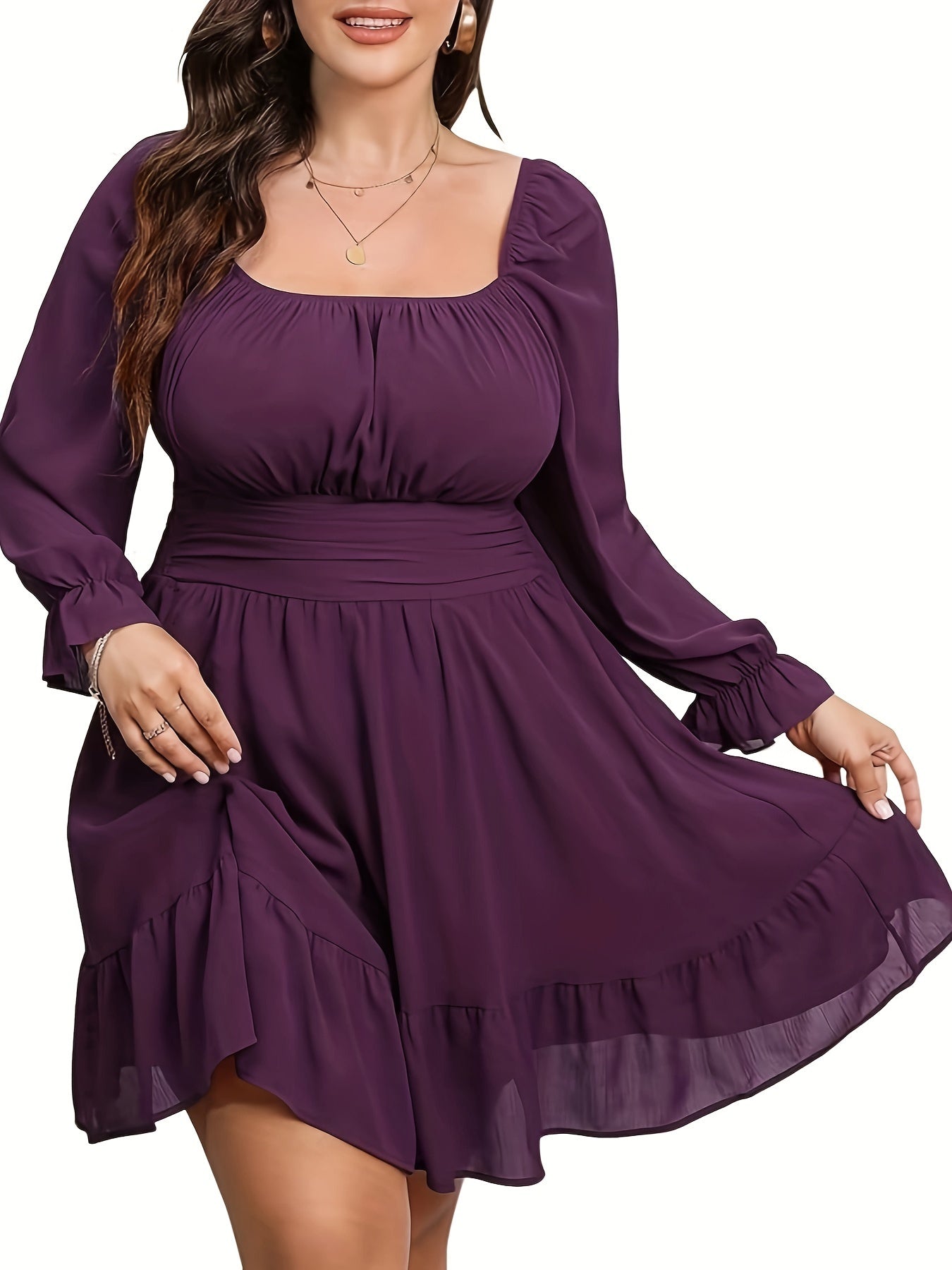  Solid Lantern Sleeve Square Neck Mini Smock Dress